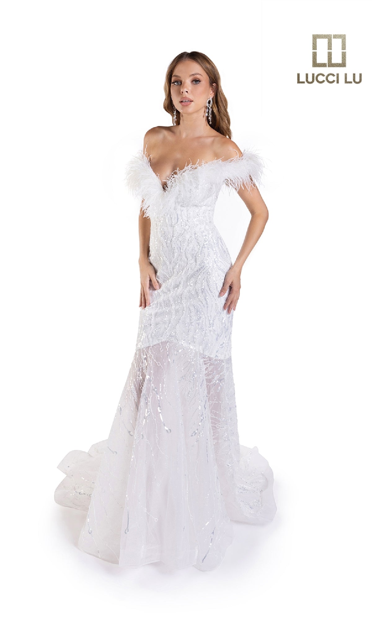 A woman models the Beaded Tulle White Wedding Dress: Lucci Lu C8051, featuring a feather off-the-shoulder neckline and illusion mermaid skirt, against a white background. The Lucci Lu logo appears in the top right corner.
